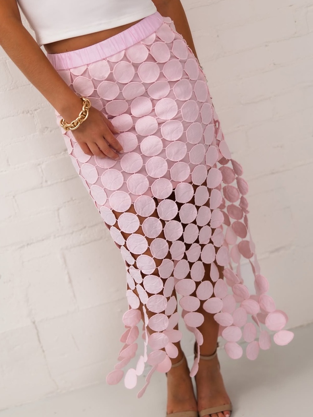 Women's Pink Circle Appliqué Midi Skirt - Elegant Midi
